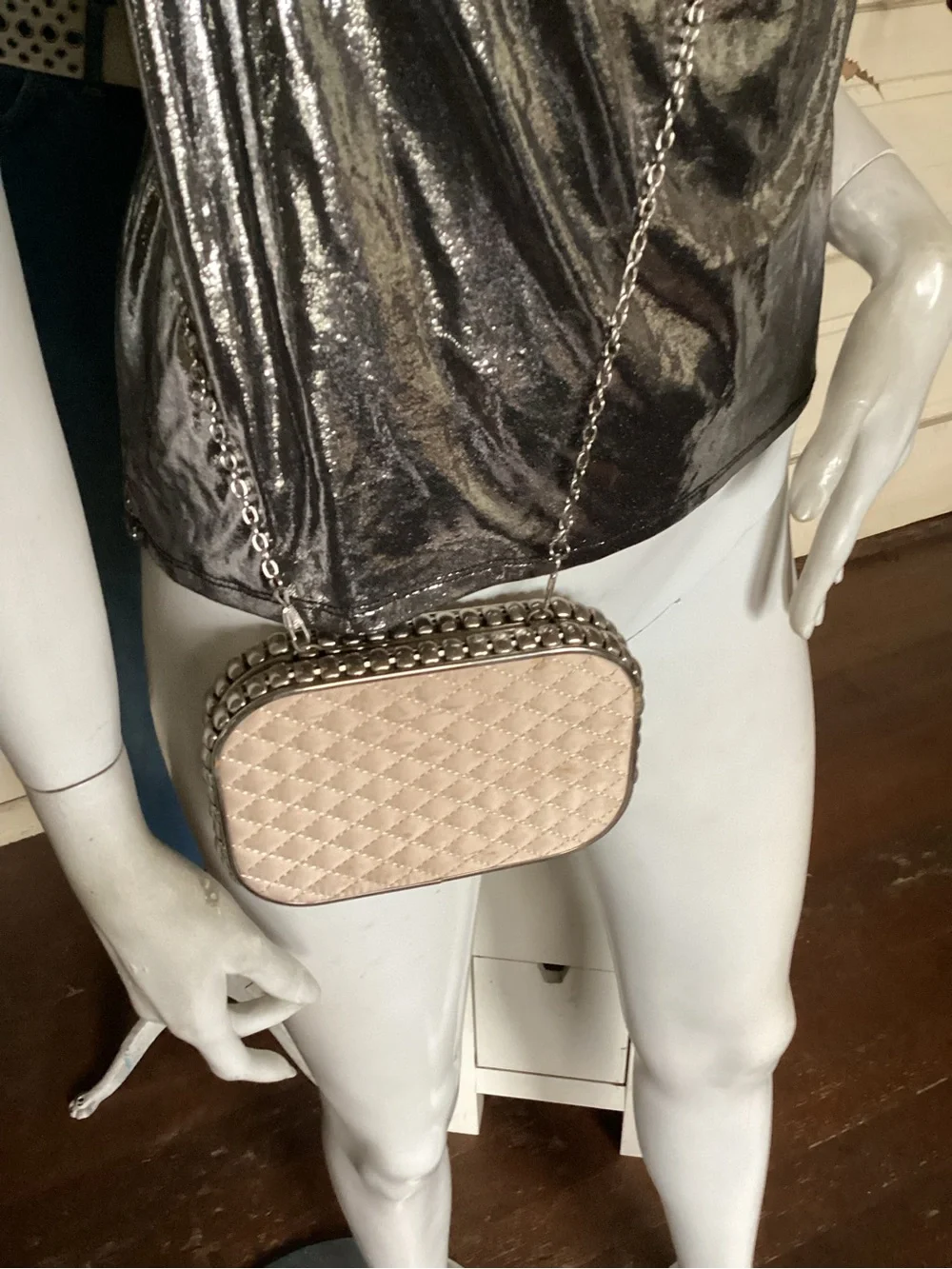 Silver metal & blush quilted sides cocktail purse